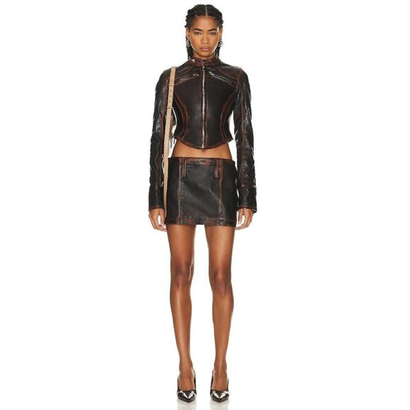 MIMCHIK Leather Mini Skirt in Brown Leather Large Womens Distressed - Picture 1 of 11